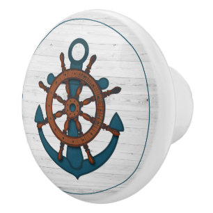 Nautical Anchor on White Wood  Ceramic Knob
