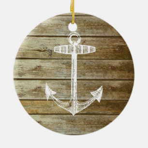 Nautical Anchor on wood graphic Ceramic Tree Decoration