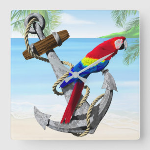 Nautical Anchor Parrot Square Wall Clock