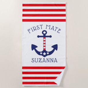 Nautical Anchor Patriotic First Mate Add Name Beach Towel
