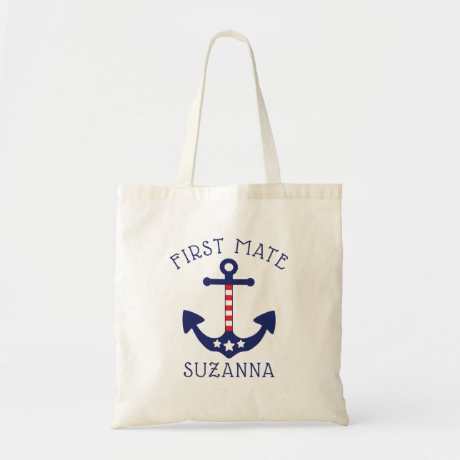 Nautical Anchor Patriotic First Mate Add Name Tote Bag (Front)