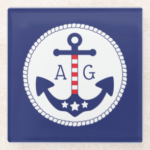 Nautical Anchor Patriotic Stars & Stripes Monogram Glass Coaster