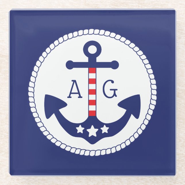 Nautical Anchor Patriotic Stars & Stripes Monogram Glass Coaster (Front)