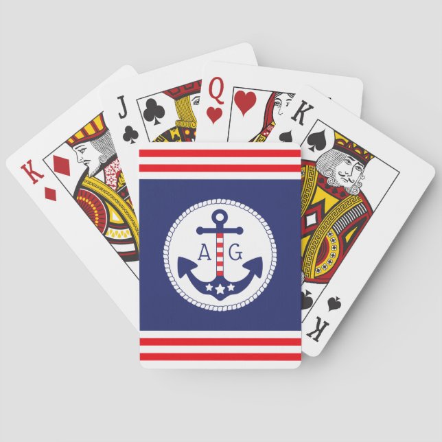 Nautical Anchor Patriotic Stars & Stripes Monogram Playing Cards (Back)