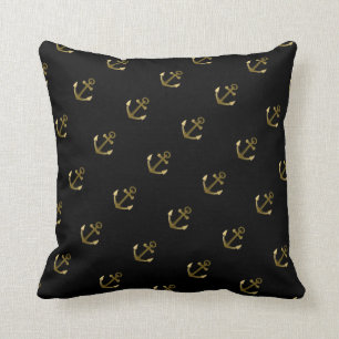 Nautical Anchor Pattern Black and Gold Cushion