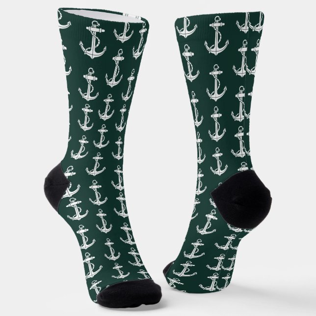 Nautical Anchor Pattern Captain and Crew Green Socks (Angled)