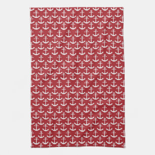 Nautical Anchor Pattern in Red Tea Towel
