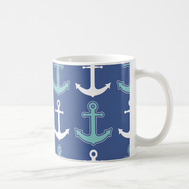 Nautical Anchor Pattern Navy Blue and Teal Coffee Mug (Right)