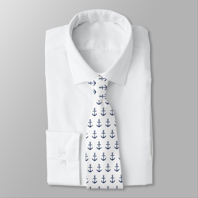 Nautical Anchor Pattern Navy on White Tie (Tied)