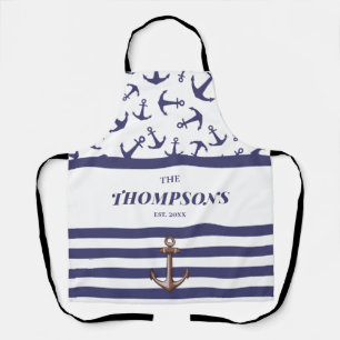 Nautical Anchor Pattern Navy Stripes Family Name Apron