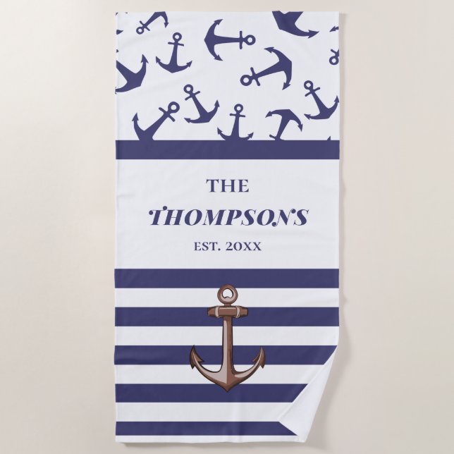 Nautical Anchor Pattern Navy Stripes Family Name Beach Towel (Front)