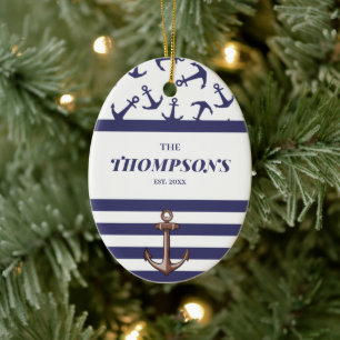 Nautical Anchor Pattern Navy Stripes Family Name Ceramic Tree Decoration