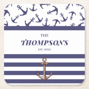 Nautical Anchor Pattern Navy Stripes Family Name Square Paper Coaster