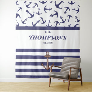 Nautical Anchor Pattern Navy Stripes Family Name Tapestry