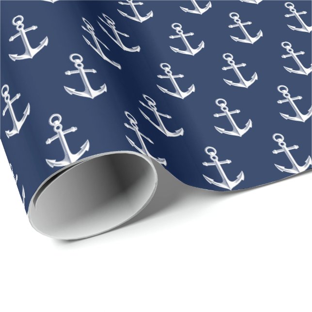 Nautical Anchor Pattern Navy White Wrapping Paper (Roll Corner)