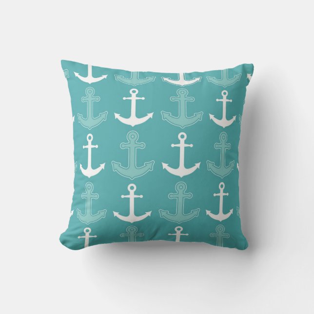 Nautical Anchor Pattern Teal Blue and White Cushion (Front)