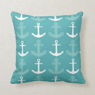 Nautical Anchor Pattern Teal Blue and White Cushion