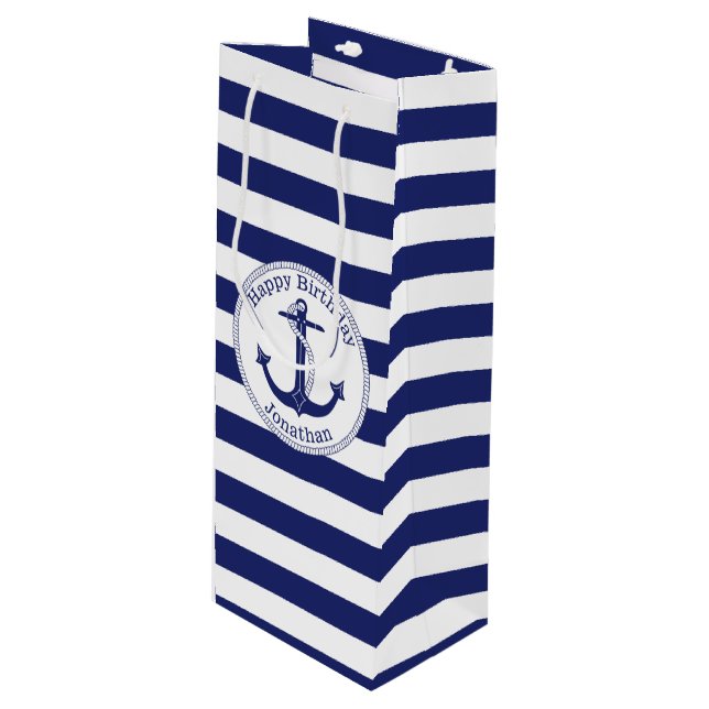 Nautical Anchor Personalised Birthday Wine Gift Bag (Front Angled)