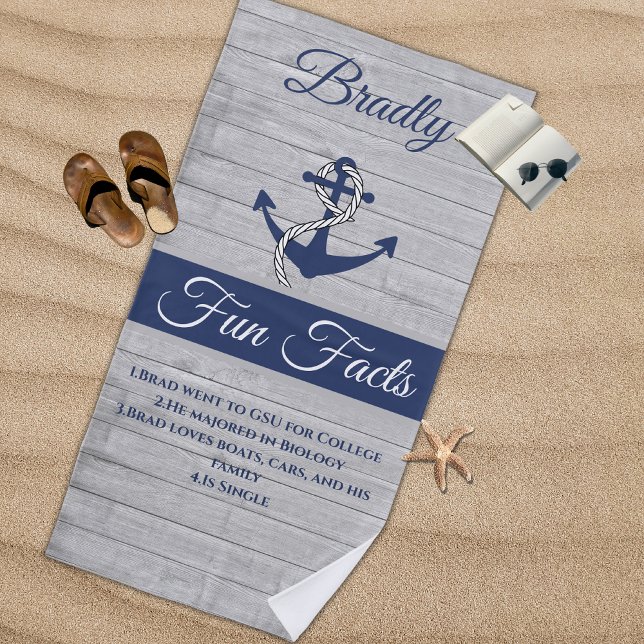 Nautical Anchor Personalised Navy Blue Fun Facts Beach Towel (Creator Uploaded)