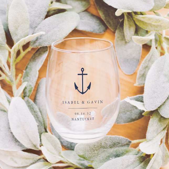 Nautical Anchor Personalised Wedding Favour Stemless Wine Glass (Creator Uploaded)