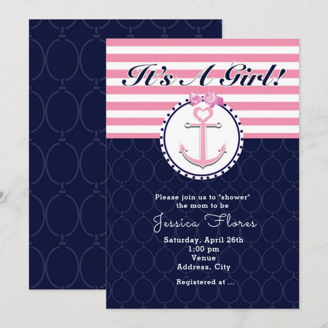 Nautical Anchor Pink & Blue Baby Shower Invitation (Front/Back)