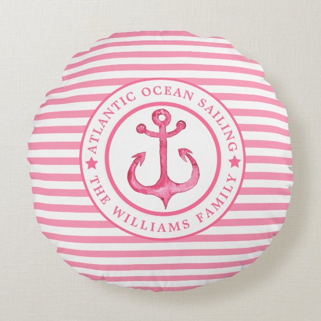 Nautical Anchor Pink Striped Personalised Pillow (Front)