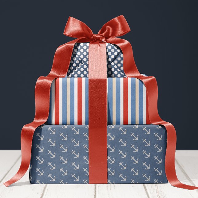  Nautical Anchor Polka Dot Stripe Wrapping Paper Sheet (Creator Uploaded)