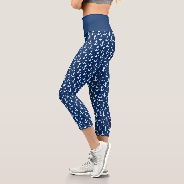 Nautical anchor print navy blue high waist capri leggings (Left)