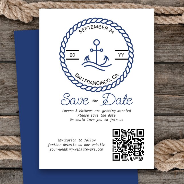 Nautical Anchor QR Code Wedding Save The Date Card (Nautical Wedding Save the Date Card with QR Code)