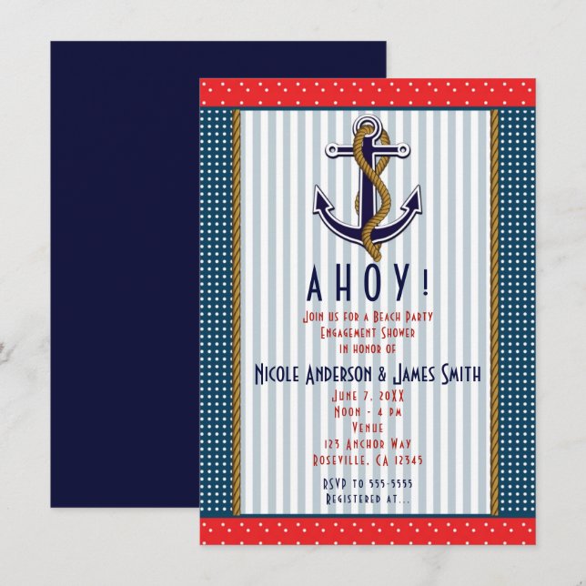 Nautical Anchor Red Polka Dots White Blue Party Invitation (Front/Back)