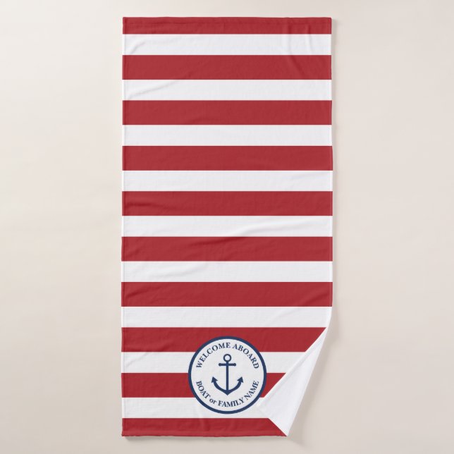 Nautical anchor red striped personalised towel (Bath Towel)