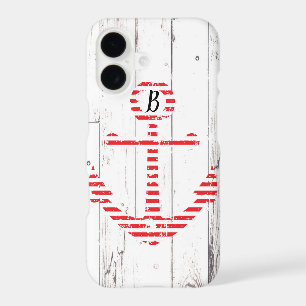 Nautical Anchor Red Stripes White Wood