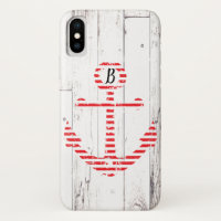 Nautical Anchor Red Stripes White Wood