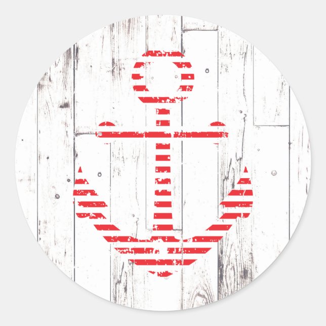 Nautical Anchor Red Stripes White Wood Party Classic Round Sticker (Front)