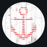 Nautical Anchor Red Stripes White Wood Party Classic Round Sticker<br><div class="desc">Matching items available.</div>