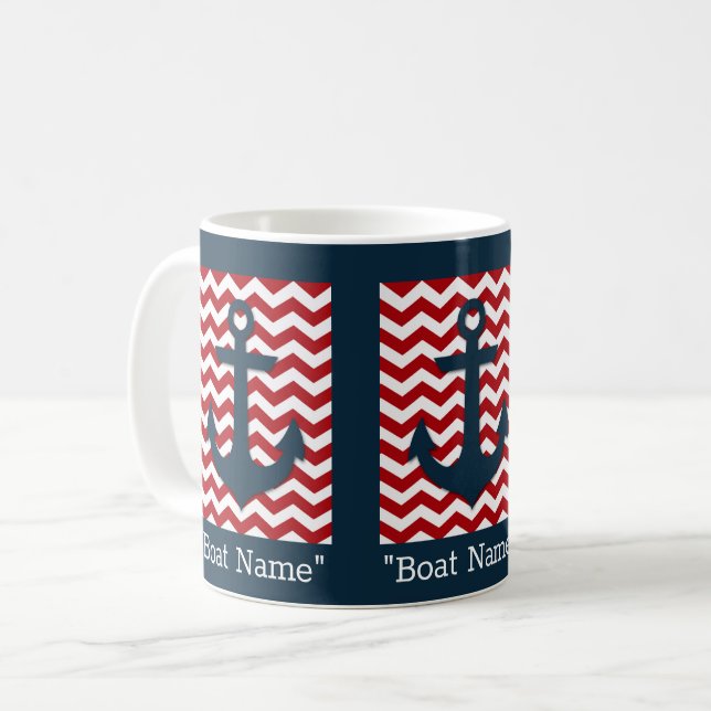 Nautical Anchor Red White Blue Boat Name Text Coffee Mug (Front Left)