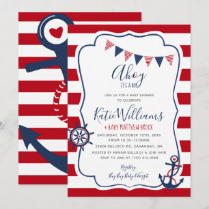 Nautical Anchor Red White Blue Boy Baby Invitation