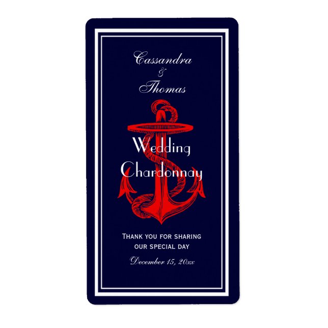 Nautical Anchor Red White Navy V Wine Bottle (Front)