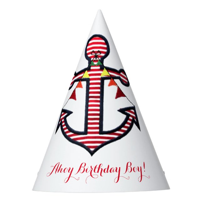 Nautical Anchor Red & White Stripes Ahoy Birthday Party Hat (Front)