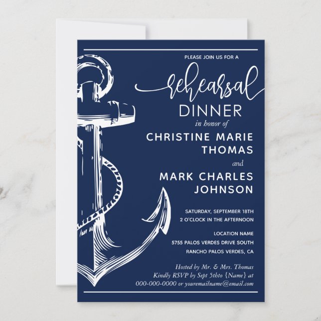 Nautical Anchor Rehearsal Wedding Dinner Navy Invitation (Front)