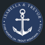 Nautical Anchor Return Address Classic Round Sticker<br><div class="desc">Navy coloured return address stickers tailored to a nautical style wedding.</div>