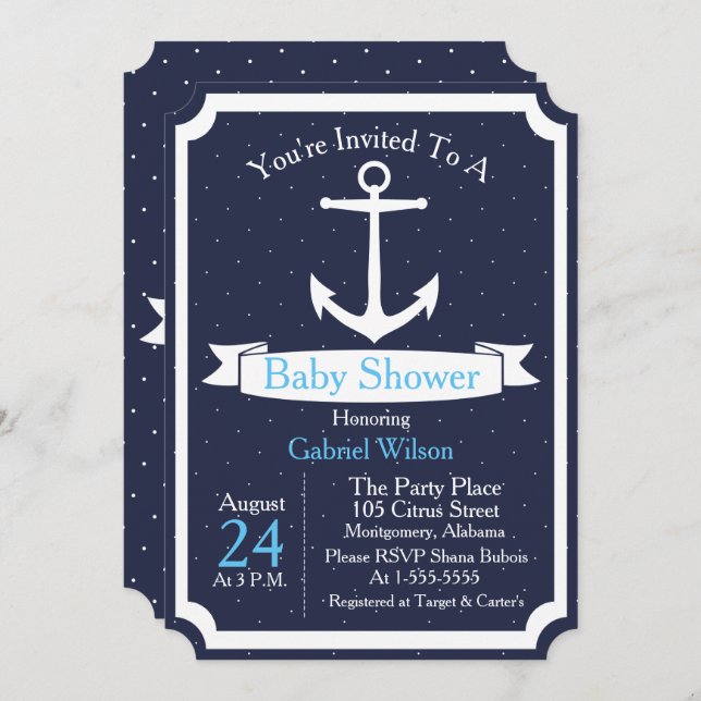 Nautical Anchor & Ribbon Baby Boy Baby Shower Invitation (Front/Back)