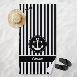 Nautical Anchor Rope Black White Stripes Custom Beach Towel