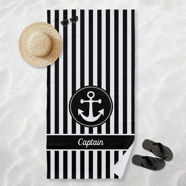 Nautical Anchor Rope Black White Stripes Custom Beach Towel (Nautical Anchor Rope Black White Stripes Custom Beach Towel)