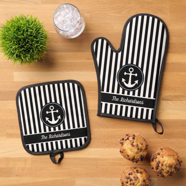 Nautical Anchor Rope Black White Stripes Custom Oven Mitt & Pot Holder Set (Top Down)