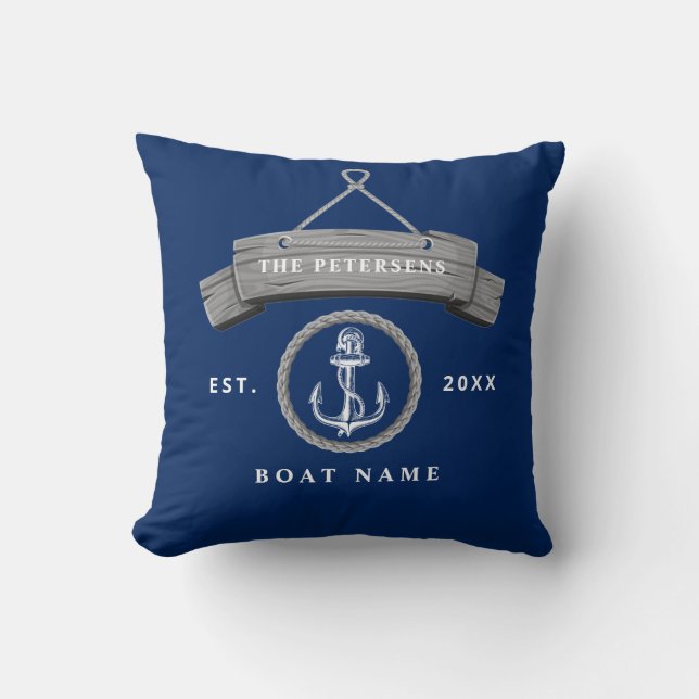 Nautical anchor rope boat name navy blue cushion (Front)