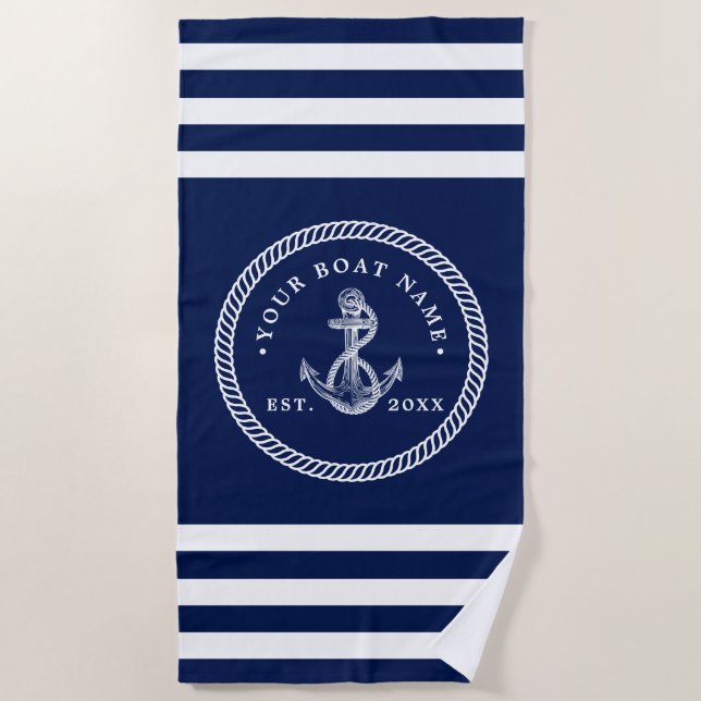 Nautical Anchor & Rope Boat Name Navy Blue & White Beach Towel (Front)