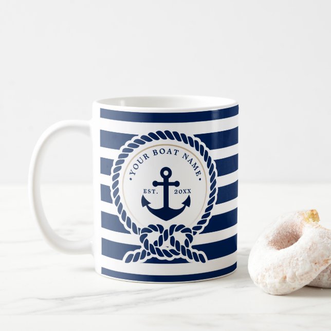 Nautical Anchor & Rope Boat Name Navy Blue & White Coffee Mug (With Donut)