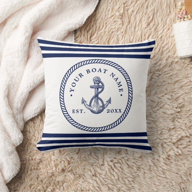 Nautical Anchor & Rope Boat Name Navy Blue & White Cushion (Blanket)