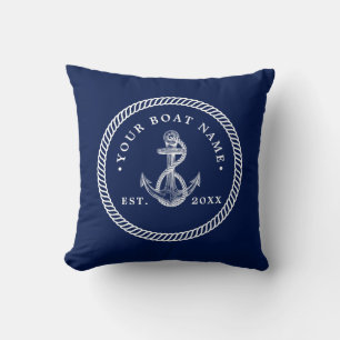 Nautical Anchor & Rope Boat Name Navy Blue & White Cushion